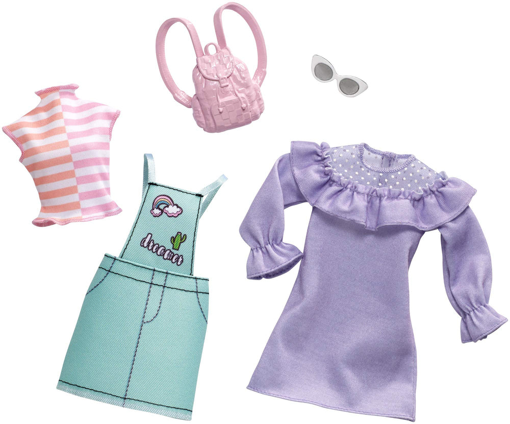 Barbie pastel green overall dress with dreamer decal, inspires creative dress-up play.