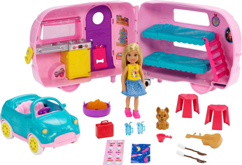 Barbie Club Chelsea car and camper ready for travel adventures.