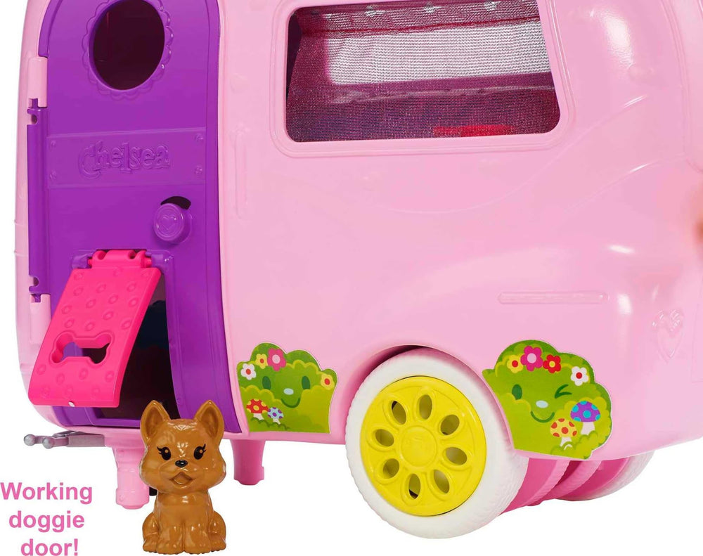Barbie Club Chelsea puppy and doggie door for easy pet play.