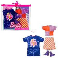 Barbie color-block shirt with checkered skirt enables versatile mix-and-match outfits.