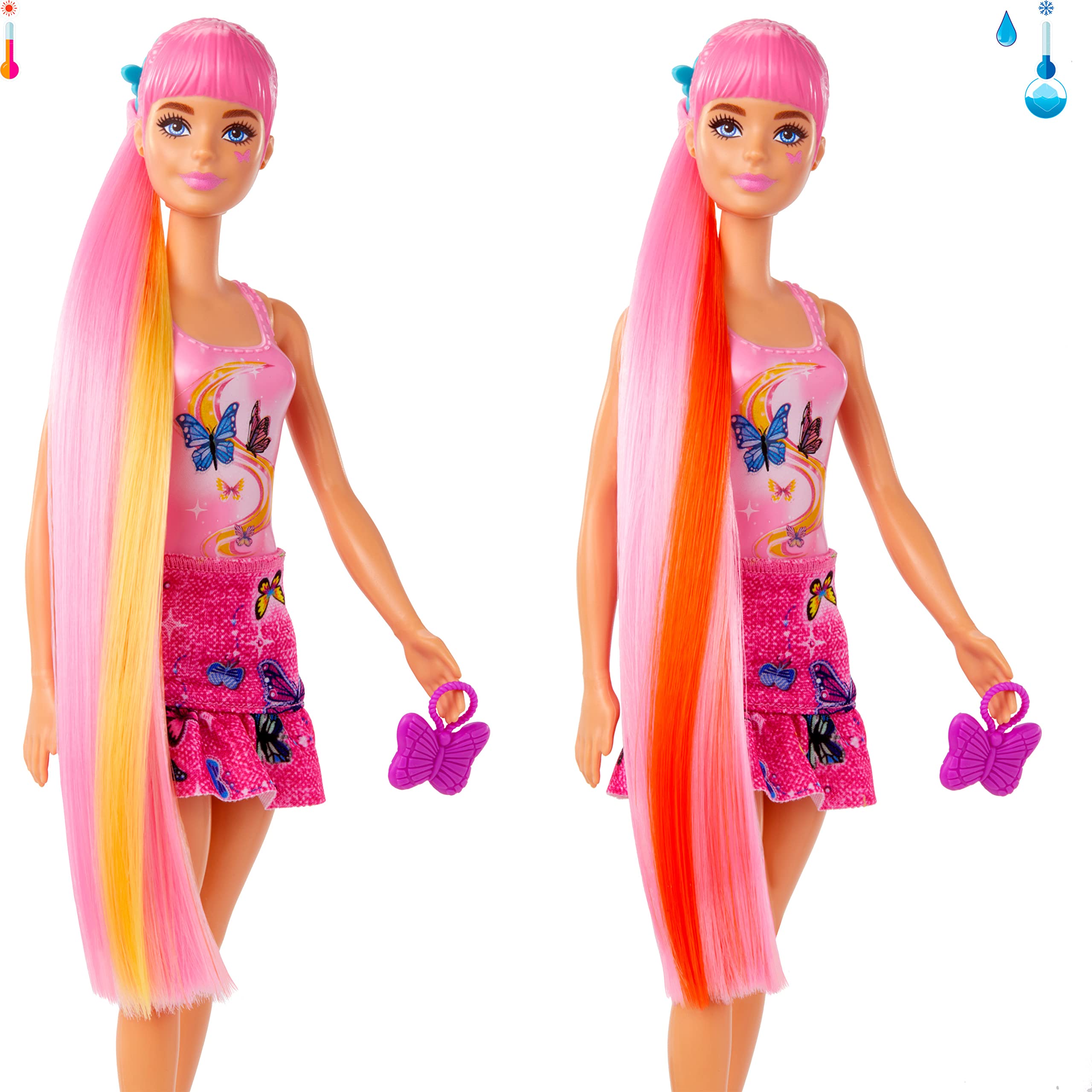 Barbie Color Change Ponytail responds to warm and icy water for color shifts.