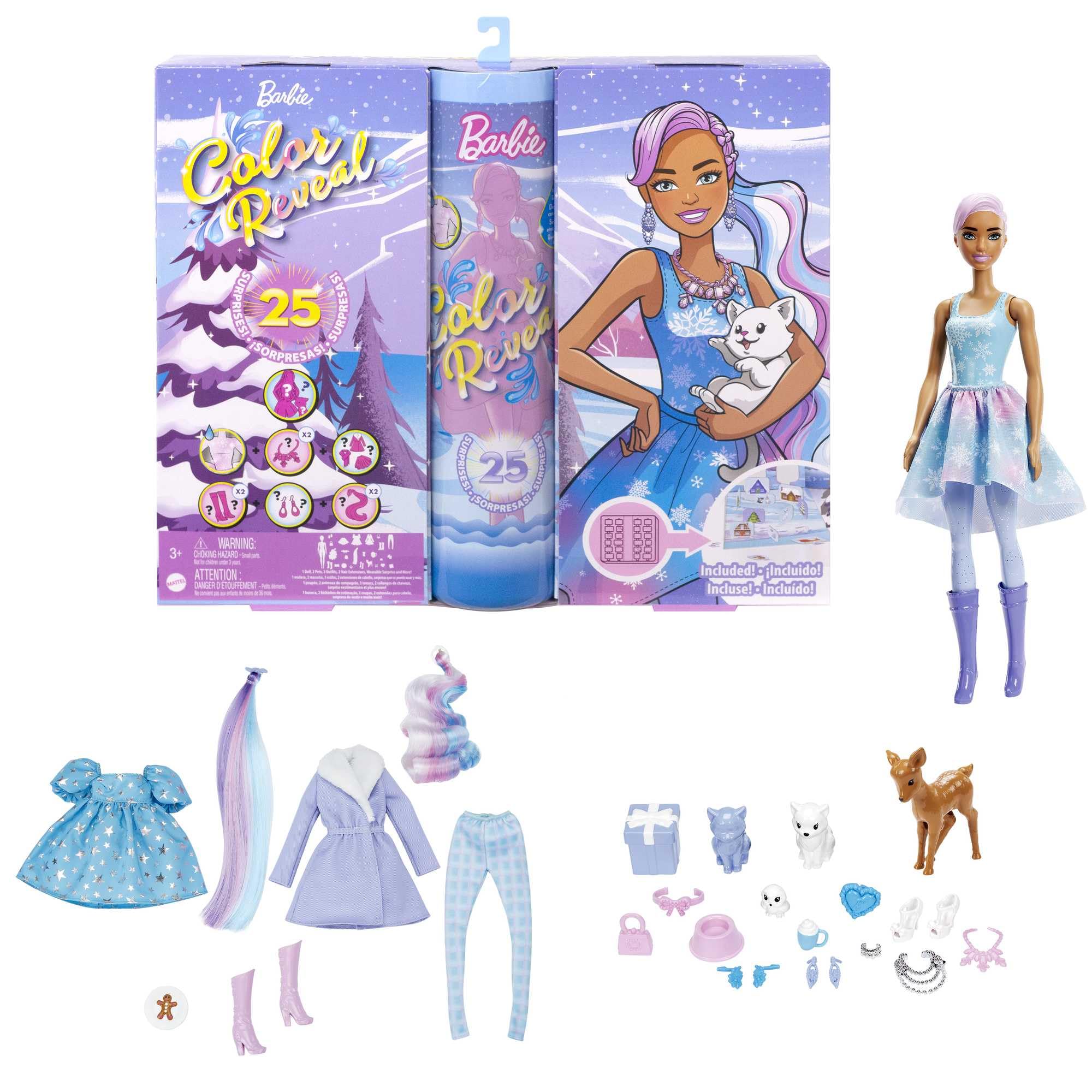 Barbie Color Reveal Advent Calendar doll with pink snowflake coating ready for unboxing