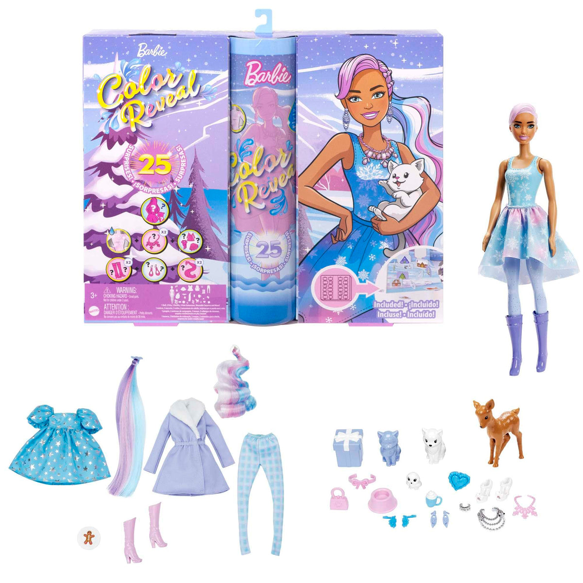 Barbie Color Reveal Advent Calendar doll with pink snowflake coating ready for unboxing