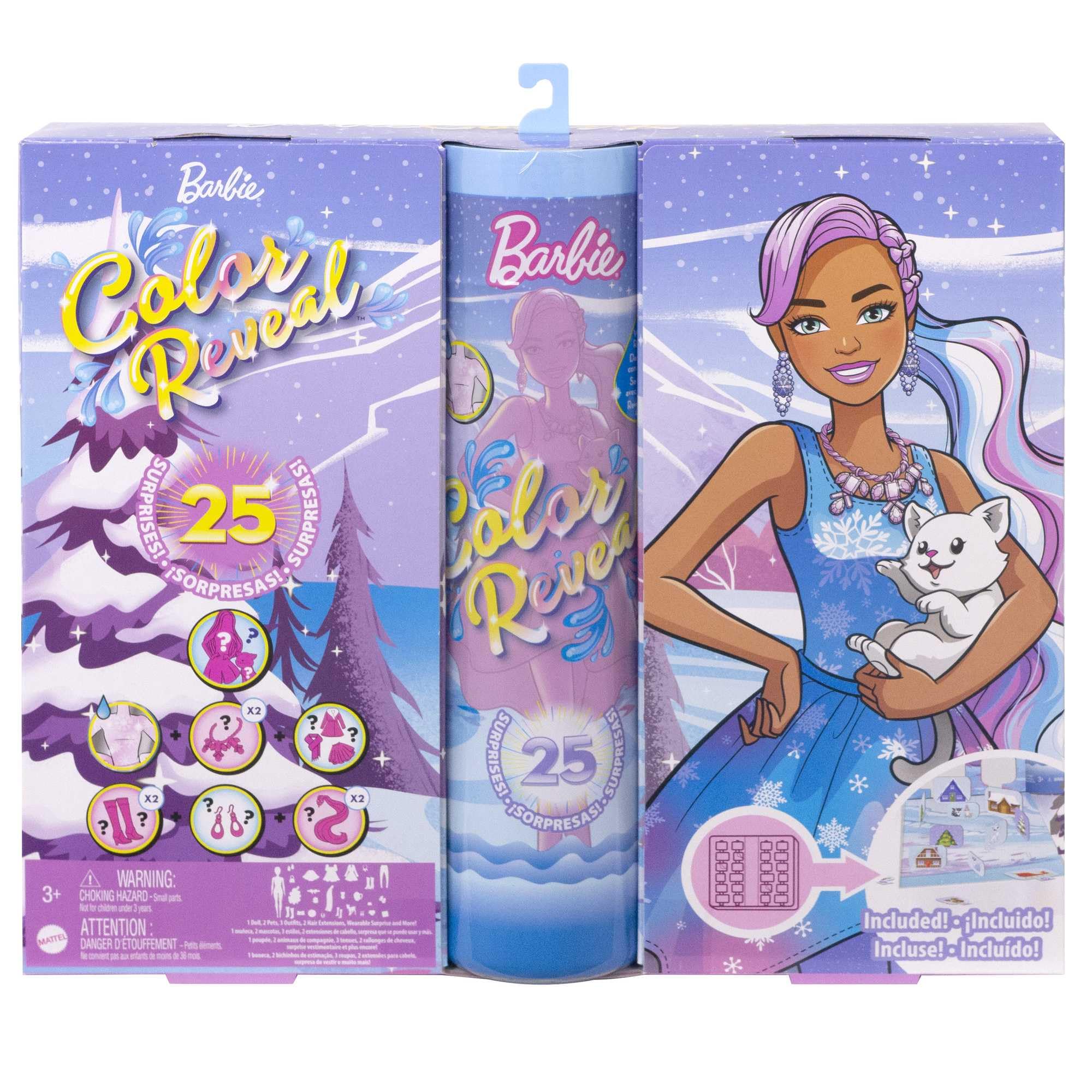 Barbie Color Reveal Advent Calendar packaging doubles as a wintry play backdrop