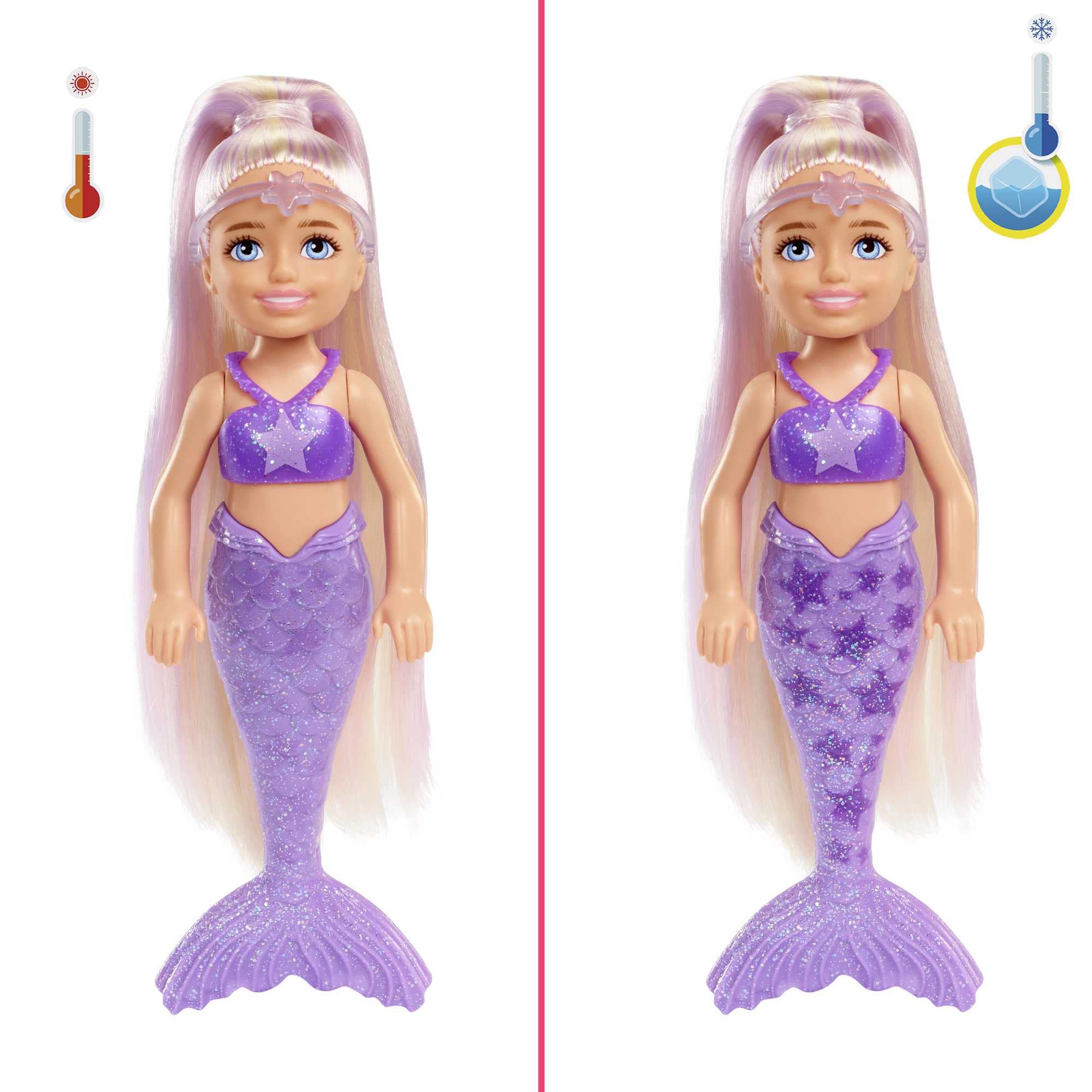 Barbie Color Reveal Rainbow Mermaid Chelsea highlights hair color streaks and glittery tail details.
