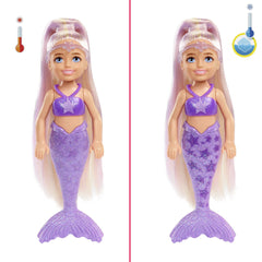 Barbie Color Reveal Rainbow Mermaid Chelsea highlights hair color streaks and glittery tail details.