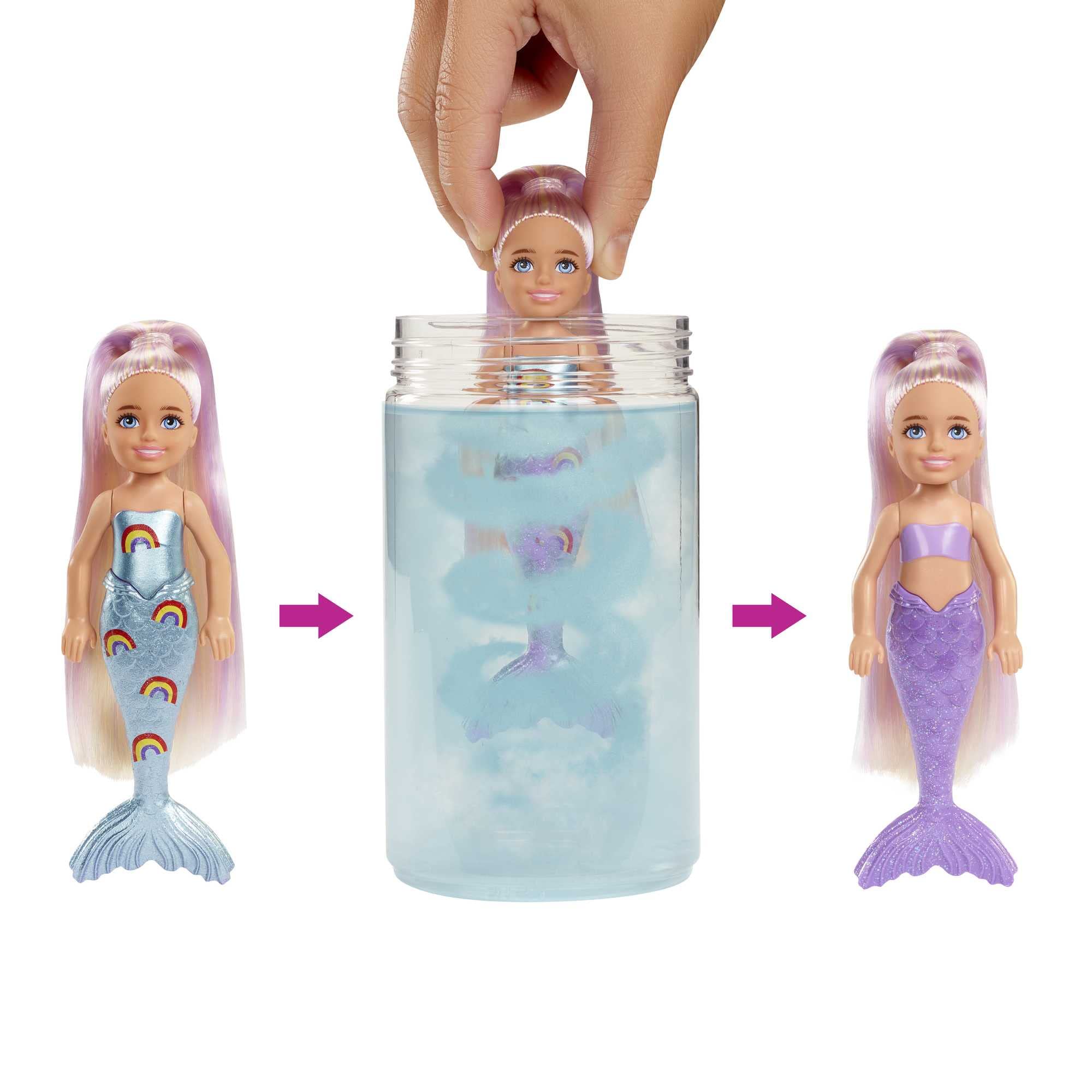 Barbie Color Reveal Rainbow Mermaid Chelsea appears during water reveal with tail color change.