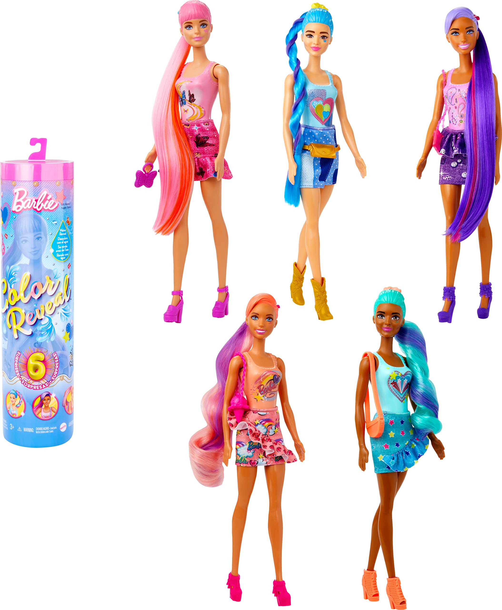 Barbie Color Reveal denim-series unboxing tube reveals the first surprise for imaginative play.