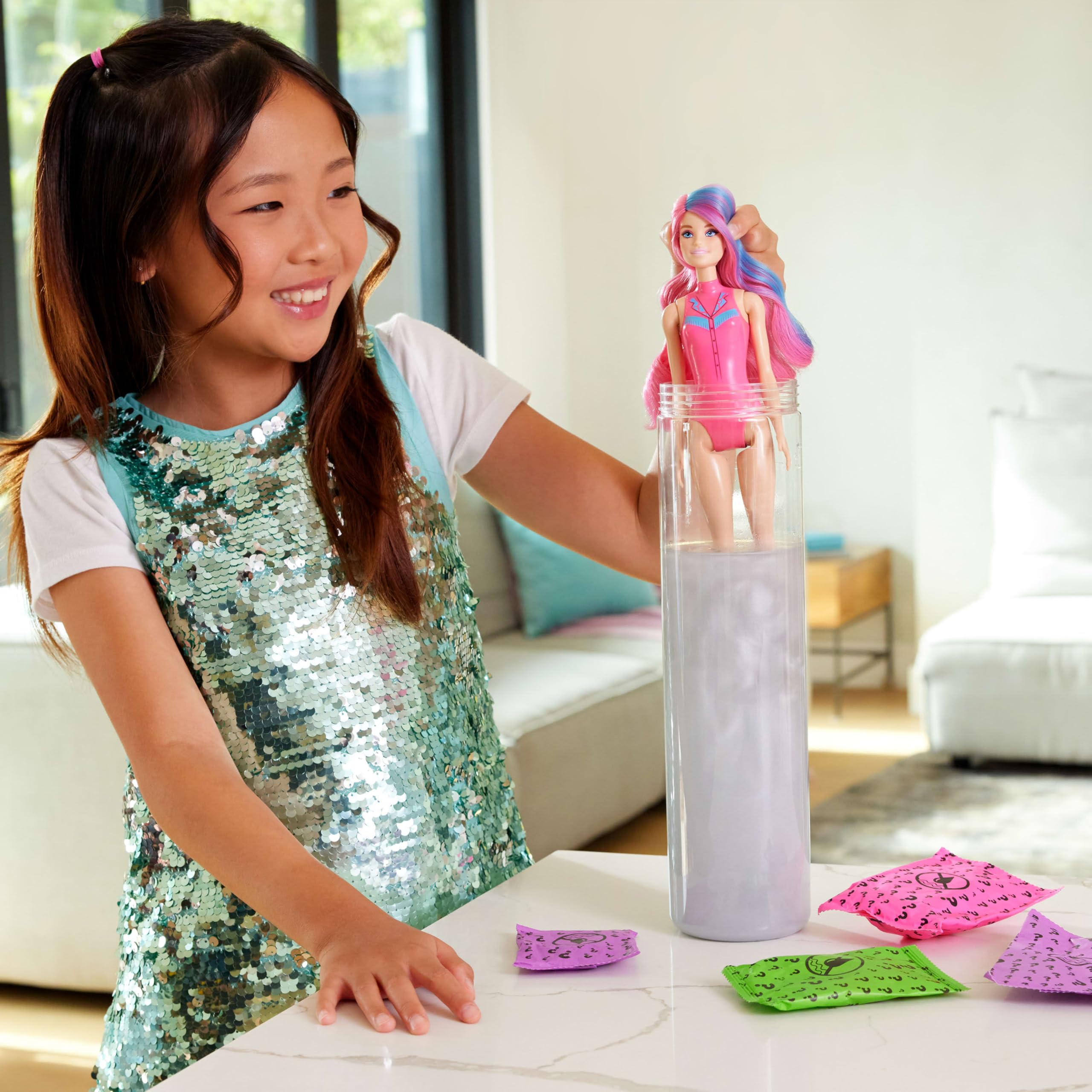 Barbie Color Reveal Disco Star doll face during color-change reveal.