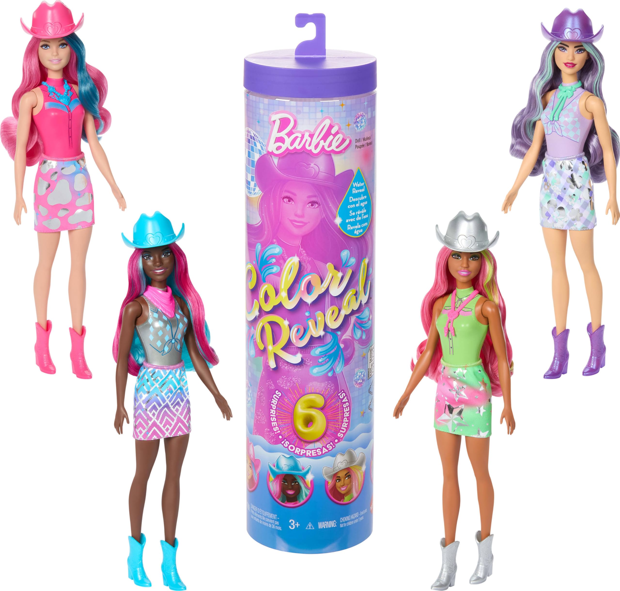 Barbie Color Reveal Disco Star Series box with six surprises for imaginative play.