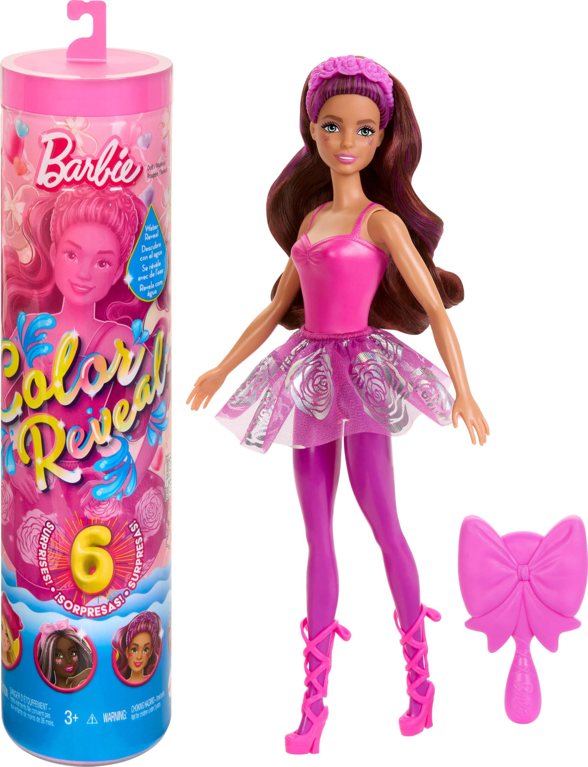 Barbie Color Reveal doll being opened from the tube with surprise fashion.
