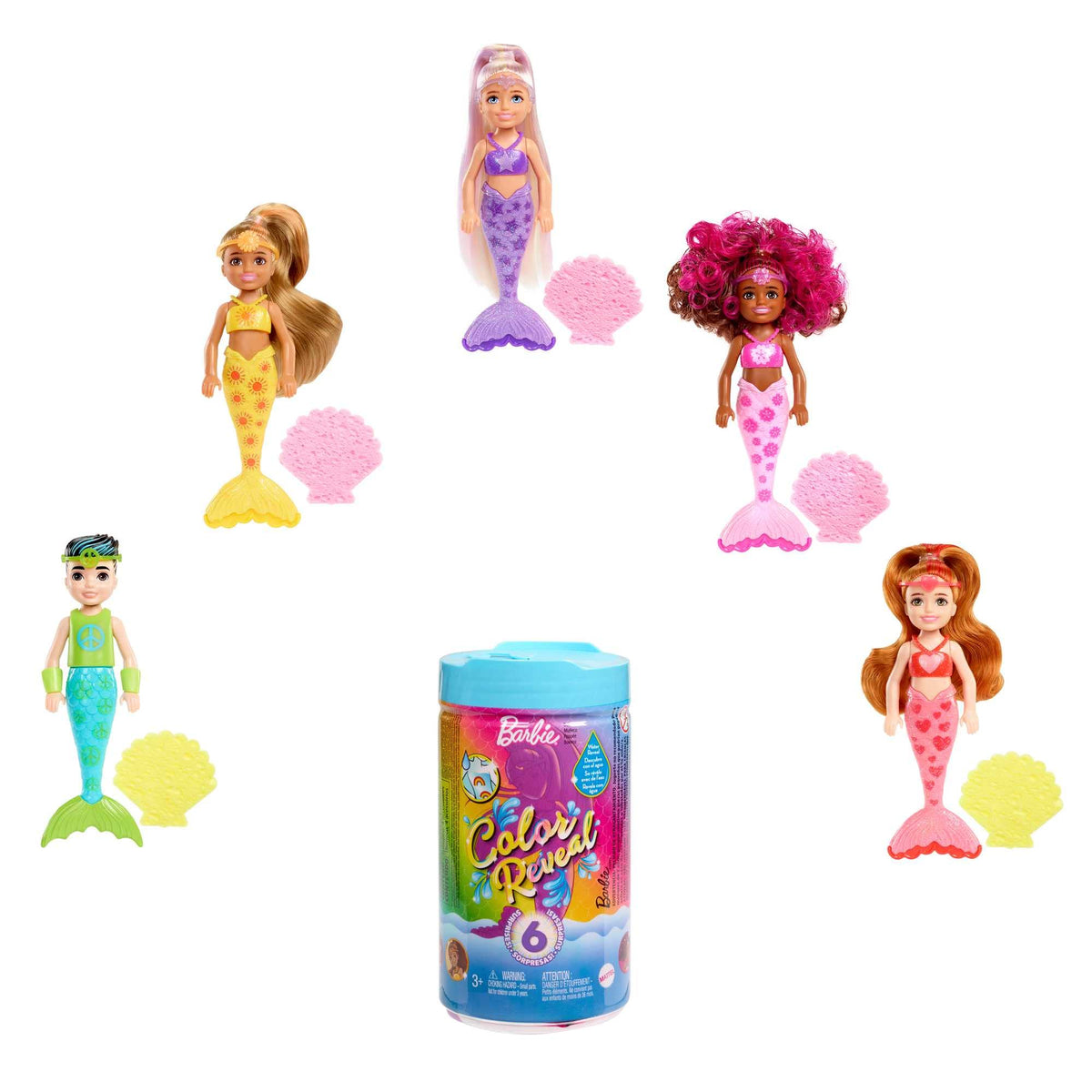Barbie Color Reveal Rainbow Mermaid Chelsea doll during unboxing reveals six surprises for imaginative play.