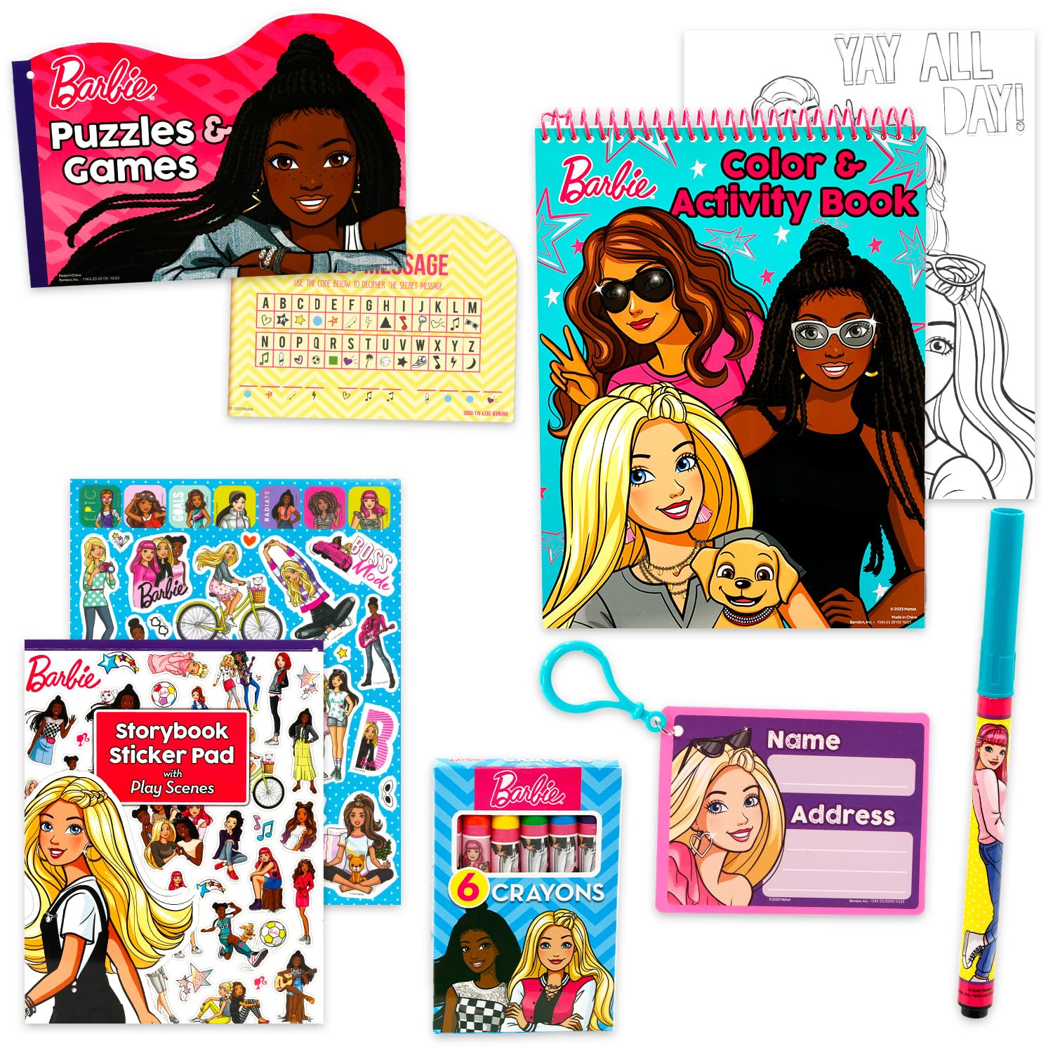 Close-up of Barbie coloring books and crayons for imaginative drawing sessions