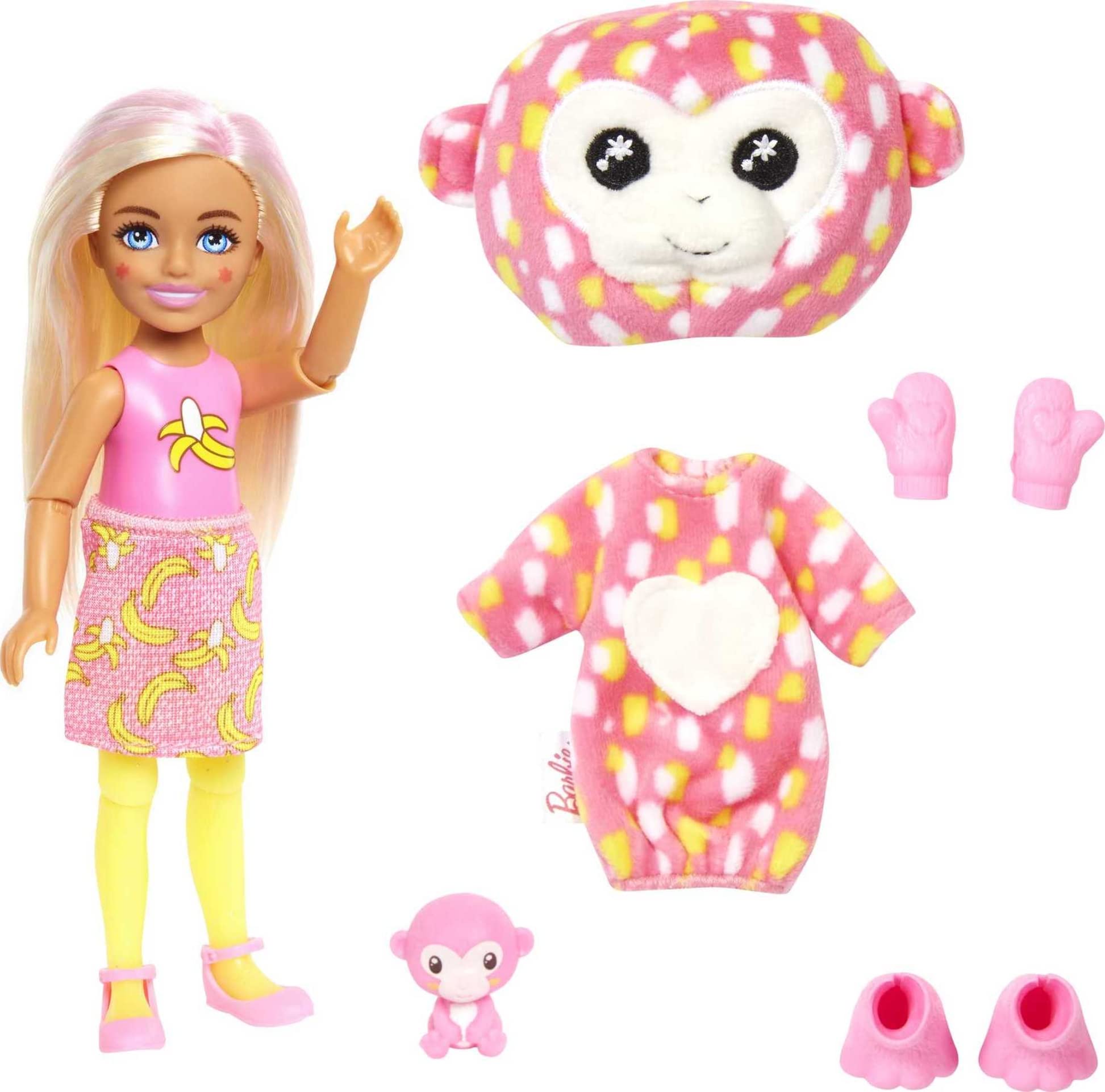 Barbie Cutie Reveal banana-print skirt and tiny shoes spark creative fashion play.