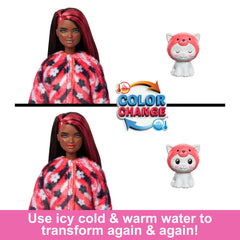Barbie Cutie Reveal doll with long colorful hair and posable joints for versatile posing.
