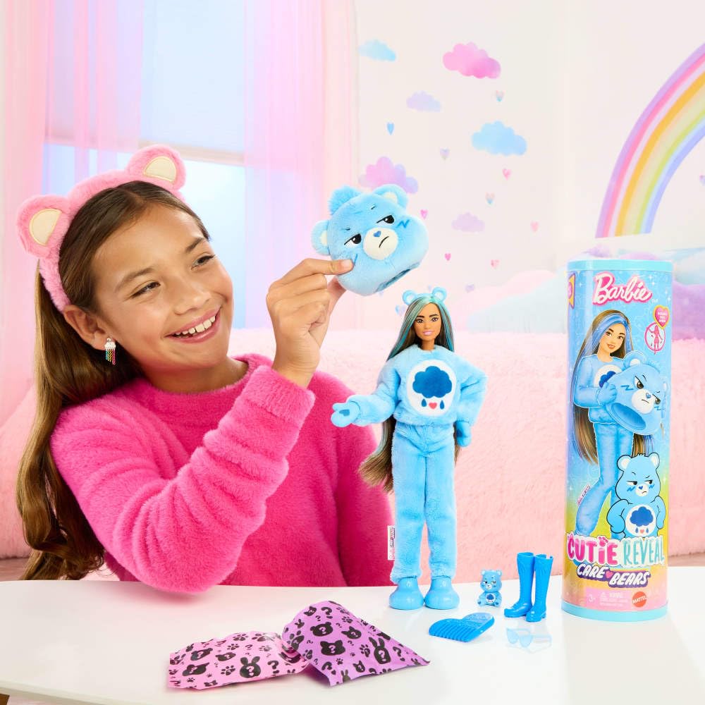 Barbie Cutie Reveal Care Bears doll revealed with fashion look and blue hair highlights