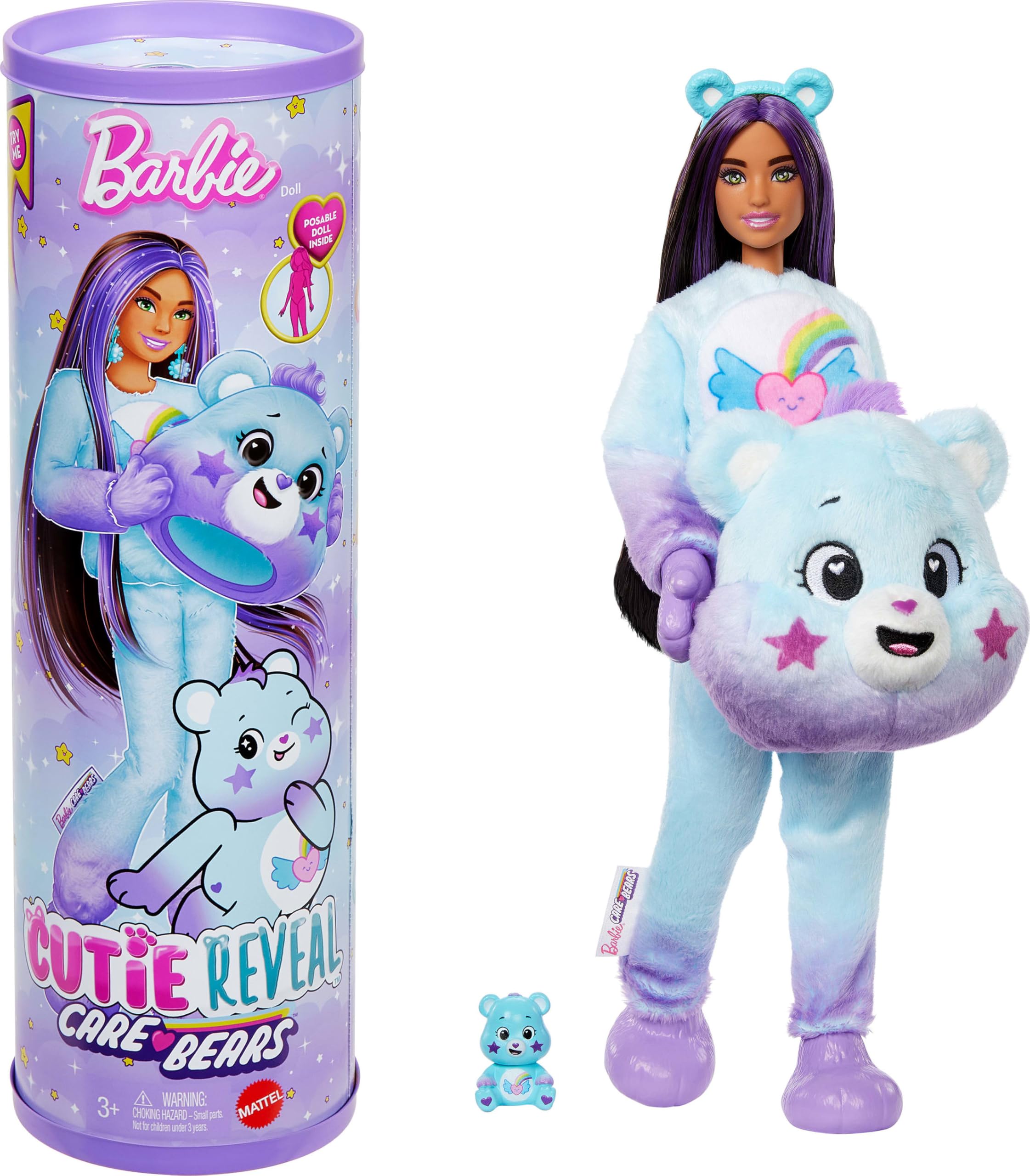 Barbie Cutie Reveal Care Bears Dream Bright Bear in plush costume for imaginative play