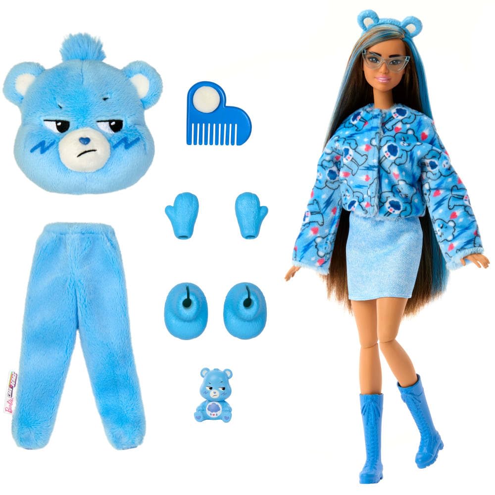 Close-up of Grumpy Bear plush costume paired with Barbie fashion doll