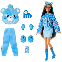 Close-up of Grumpy Bear plush costume paired with Barbie fashion doll