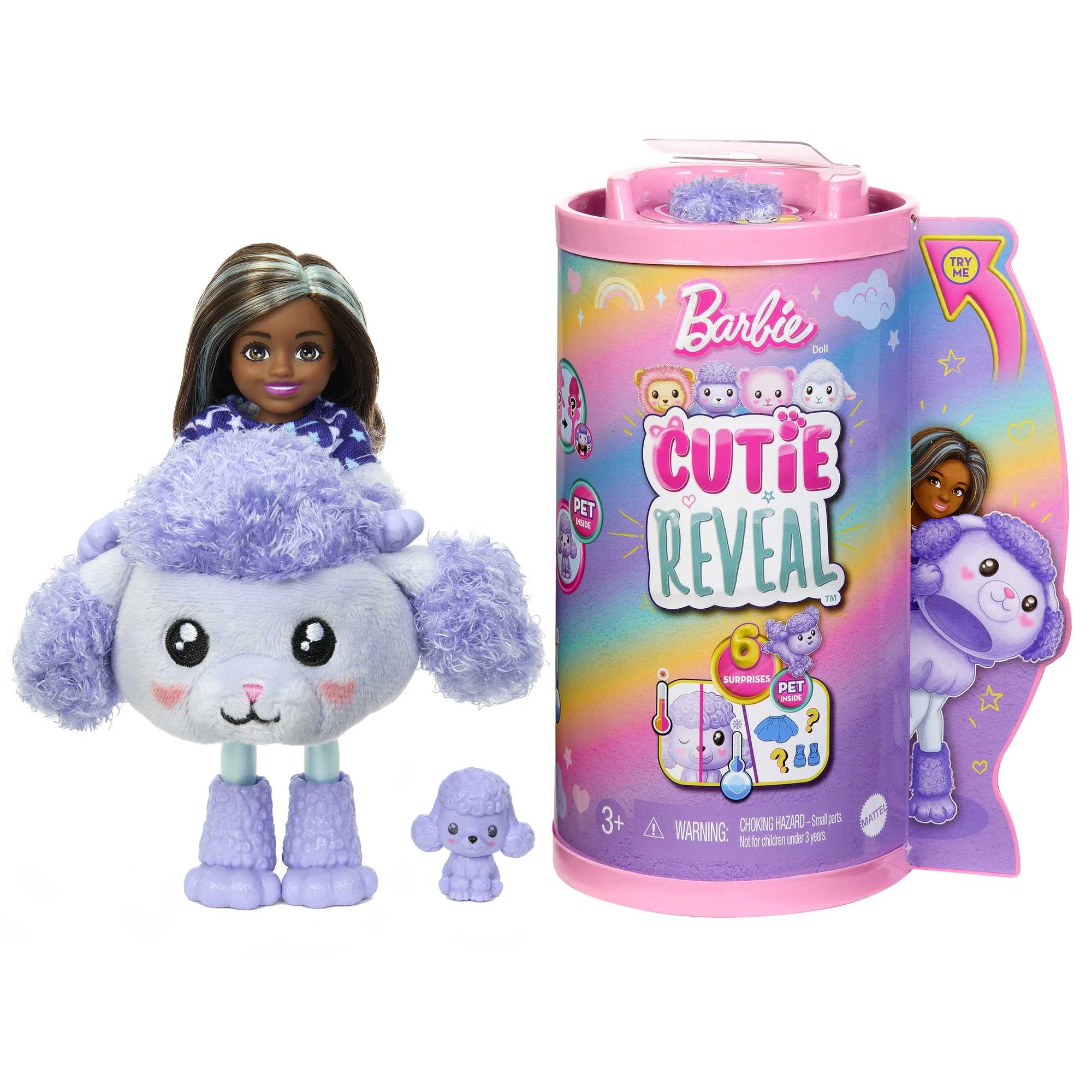 Barbie Cutie Reveal Chelsea doll with plush poodle, sparks imaginative play and surprises.