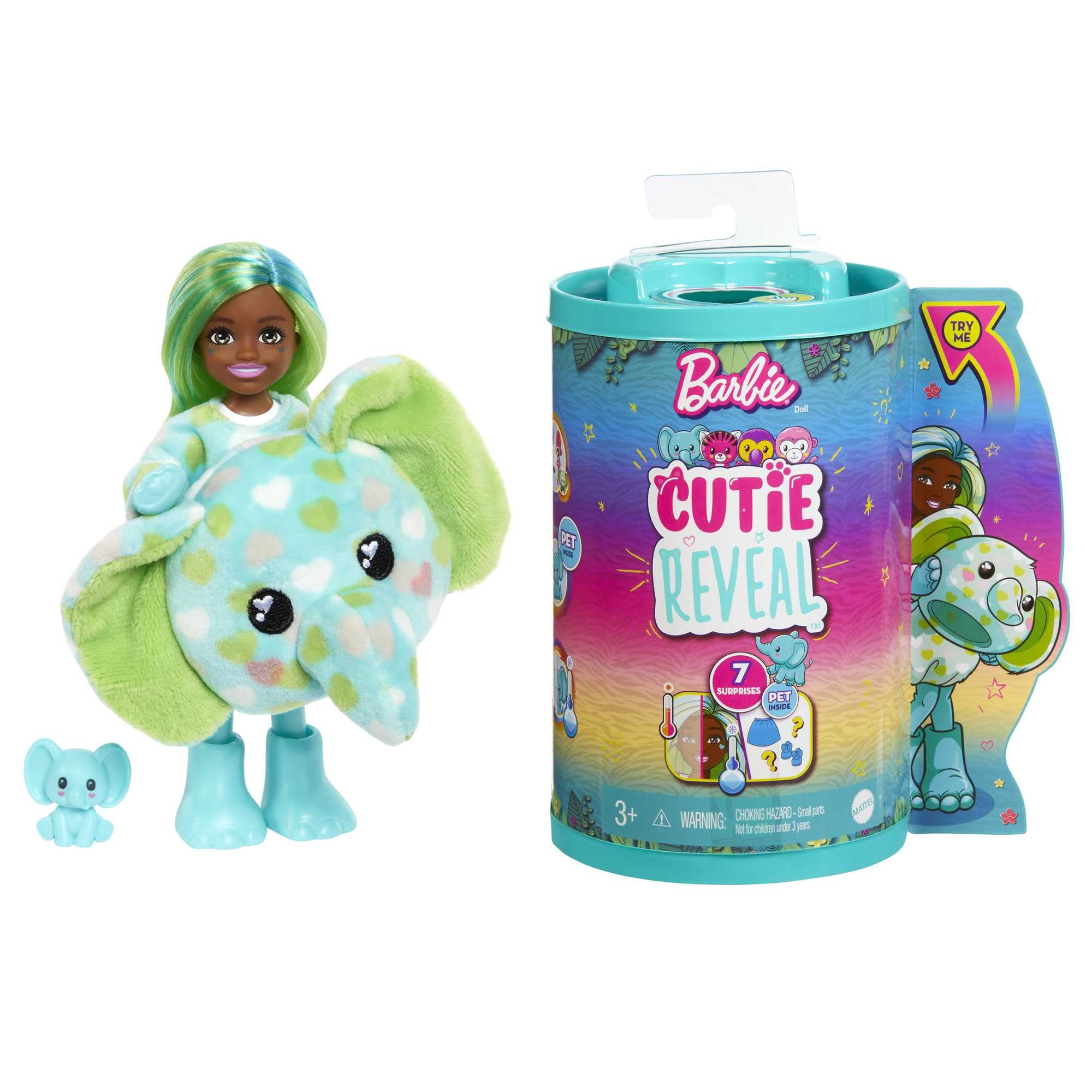 Barbie Cutie Reveal Chelsea with elephant plush costume ready for imaginative play