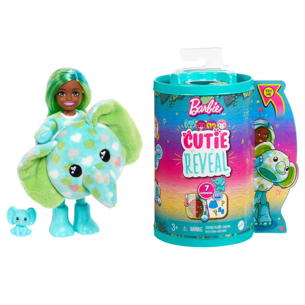 Barbie Cutie Reveal Chelsea with elephant plush costume ready for imaginative play