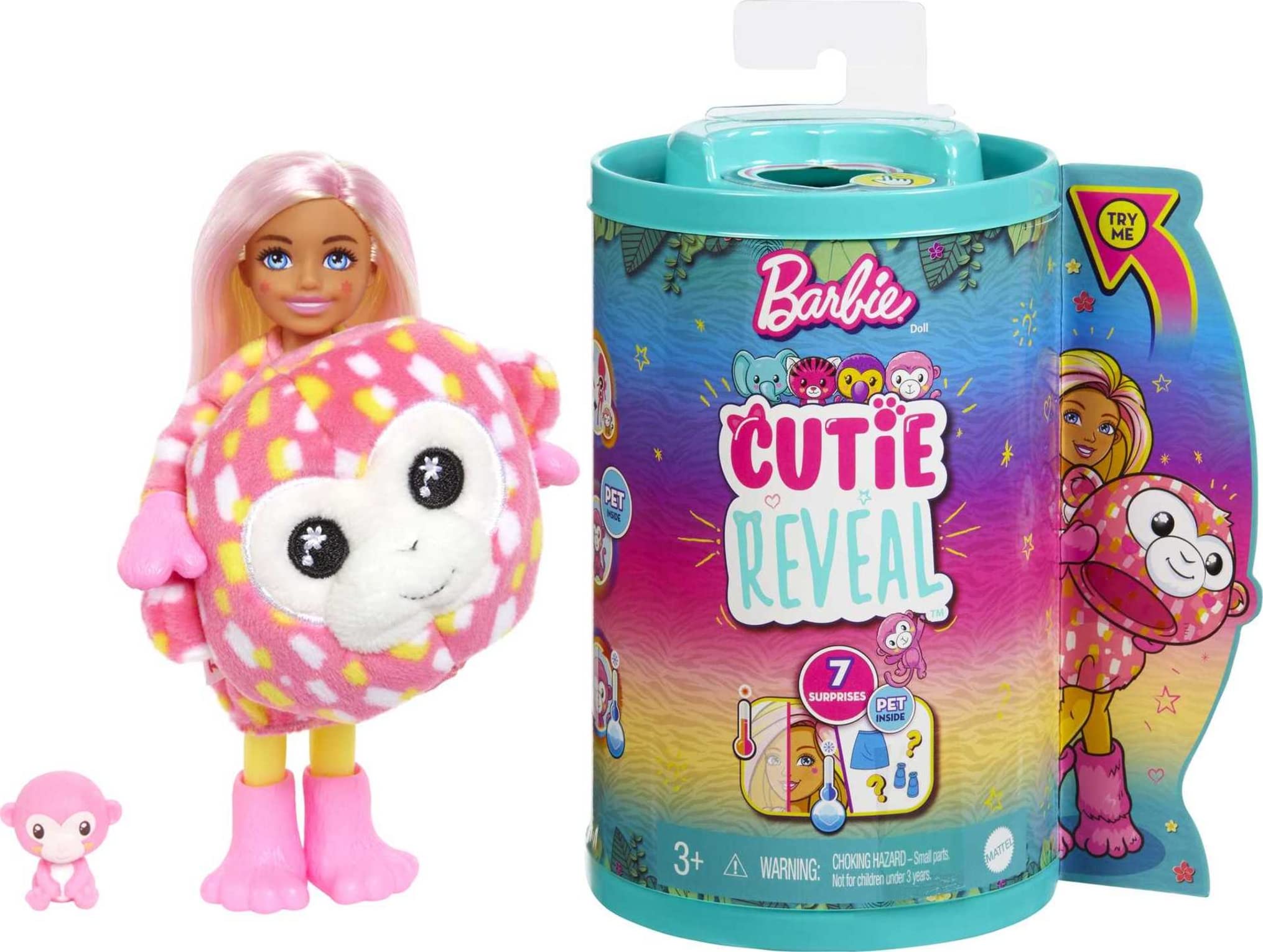 Barbie Cutie Reveal Chelsea Jungle Monkey plush costume showcases playful unboxing and cuddly charm.