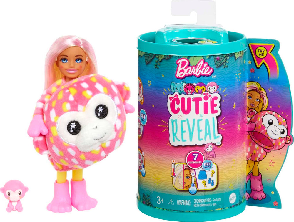 Barbie Cutie Reveal Chelsea Jungle Monkey plush costume showcases playful unboxing and cuddly charm.