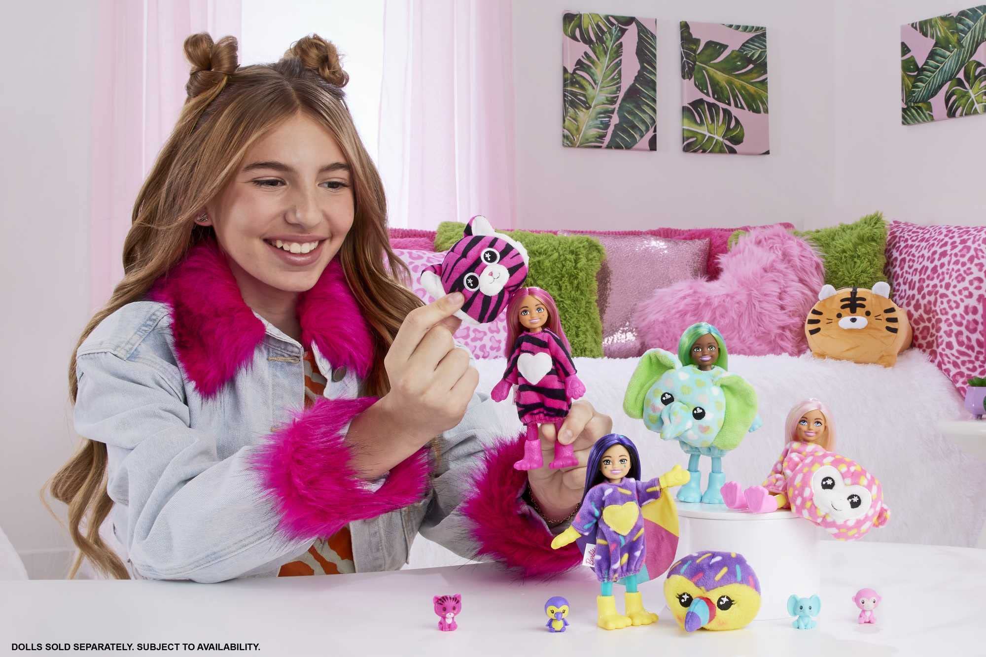 Barbie Cutie Reveal Chelsea tiger cub in plush outfit for jungle adventures