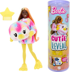 Barbie Cutie Reveal penguin costume shows tie-dye color burst for playful unboxing.
