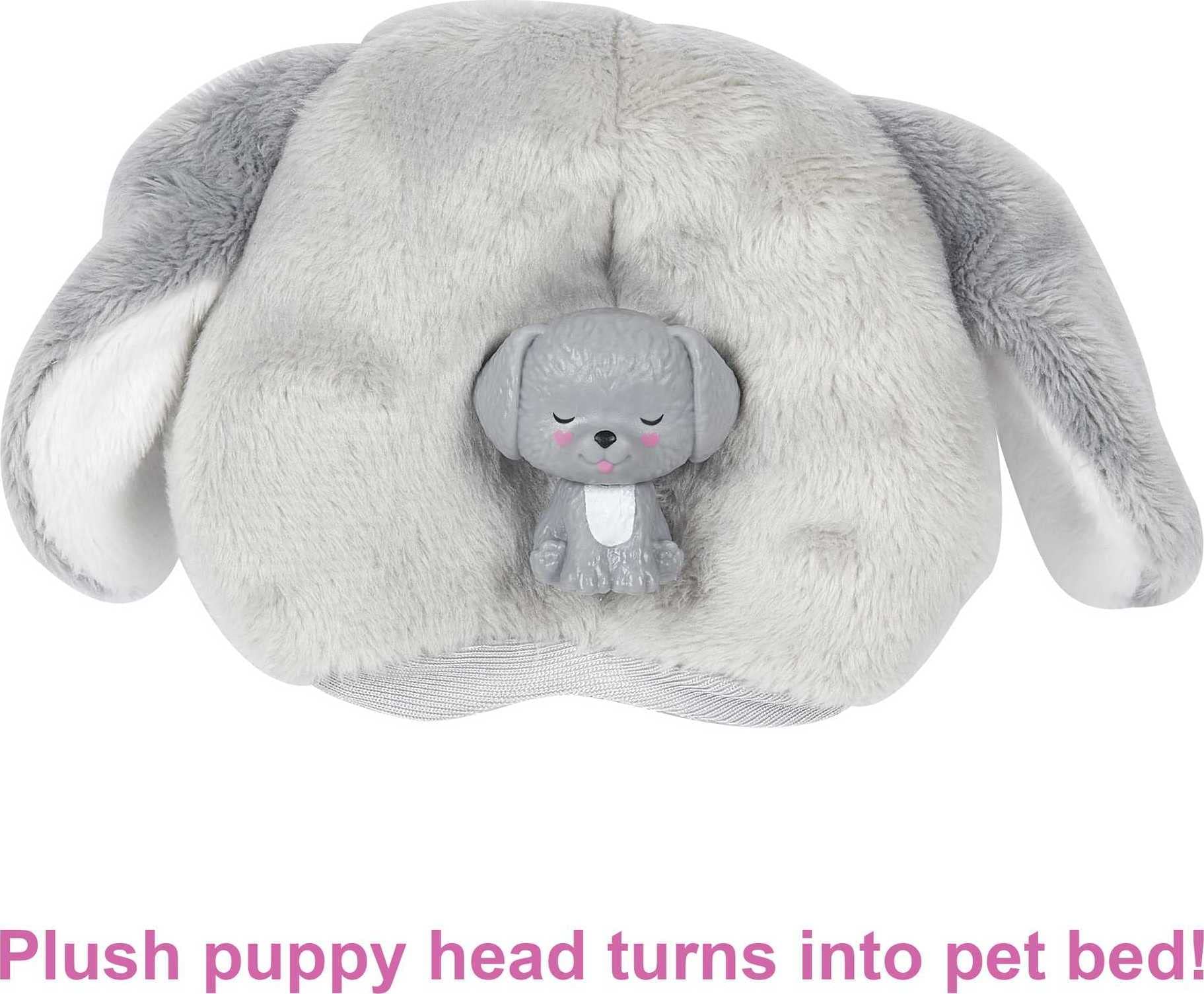 Barbie Cutie Reveal costume head doubles as a bed for the puppy