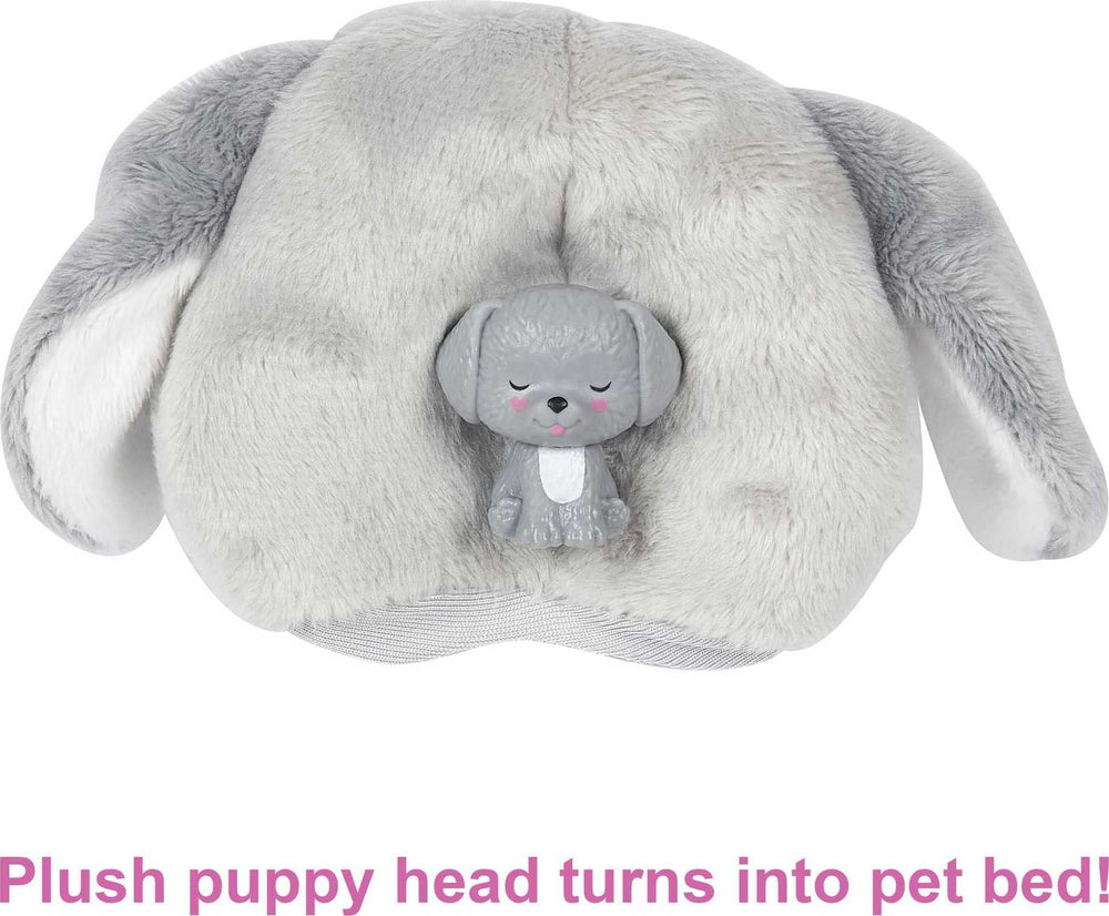 Barbie Cutie Reveal costume head doubles as a bed for the puppy