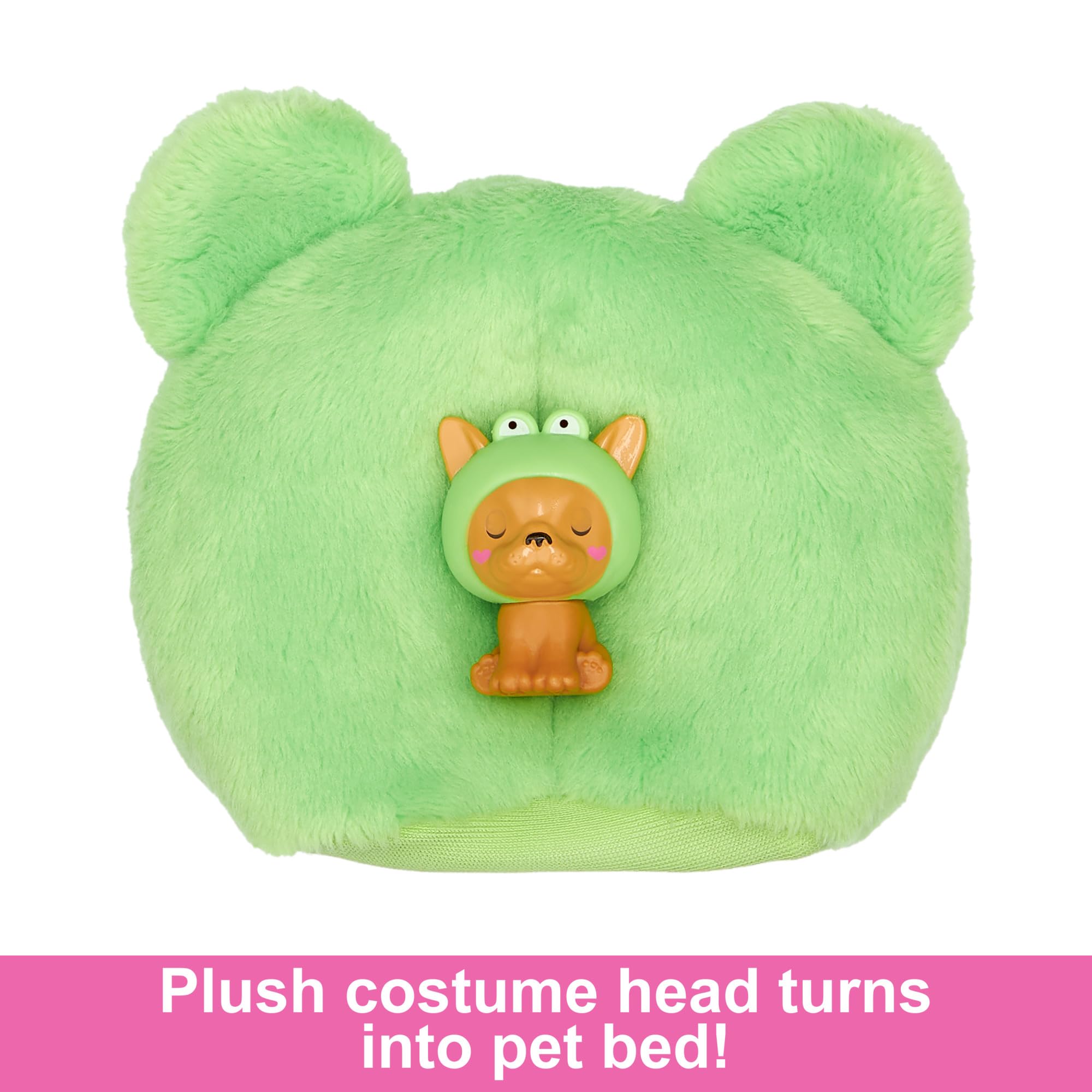 Barbie Cutie Reveal costume head flips into a cozy pet bed for rest.