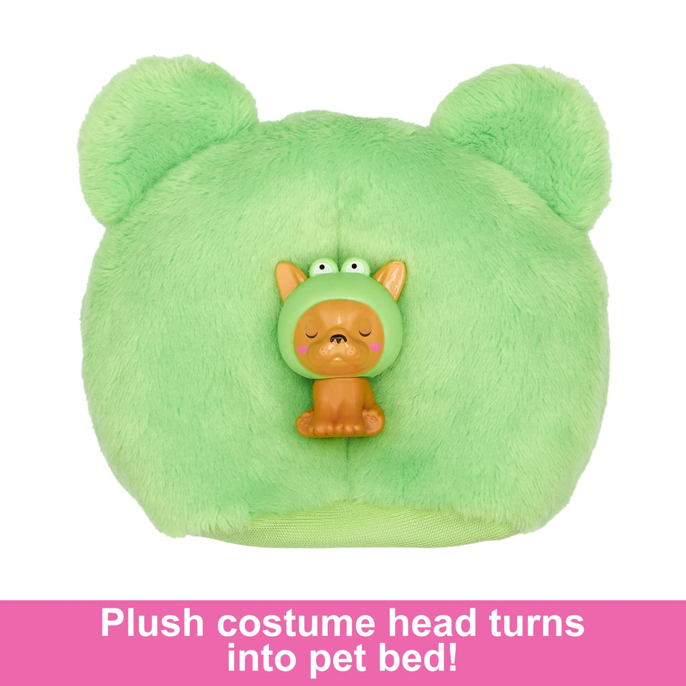Barbie Cutie Reveal costume head flips into a cozy pet bed for rest.