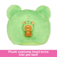 Barbie Cutie Reveal costume head flips into a cozy pet bed for rest.