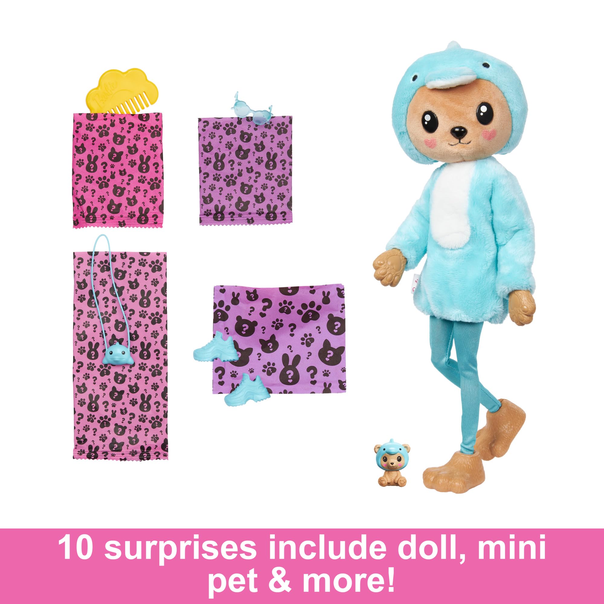 Barbie Cutie Reveal teddy-bear-dolphin-costume for cuddly storytelling and mini pet connection
