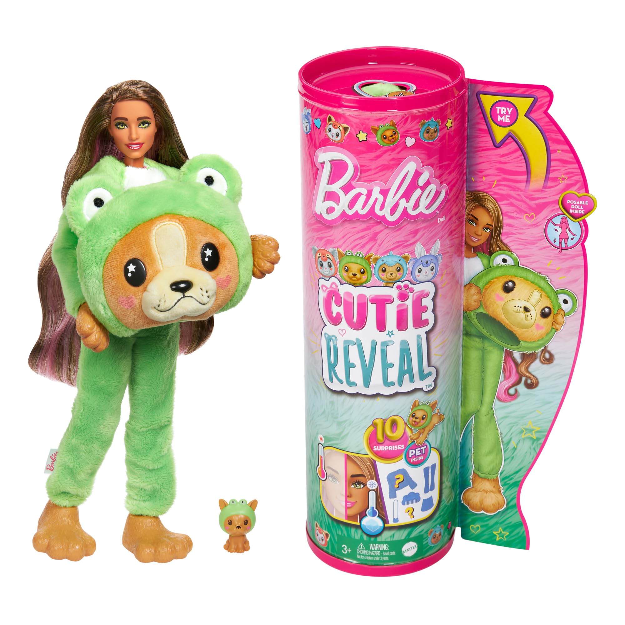 Barbie Cutie Reveal doll in animal costume with 10 surprises for imaginative unboxing.