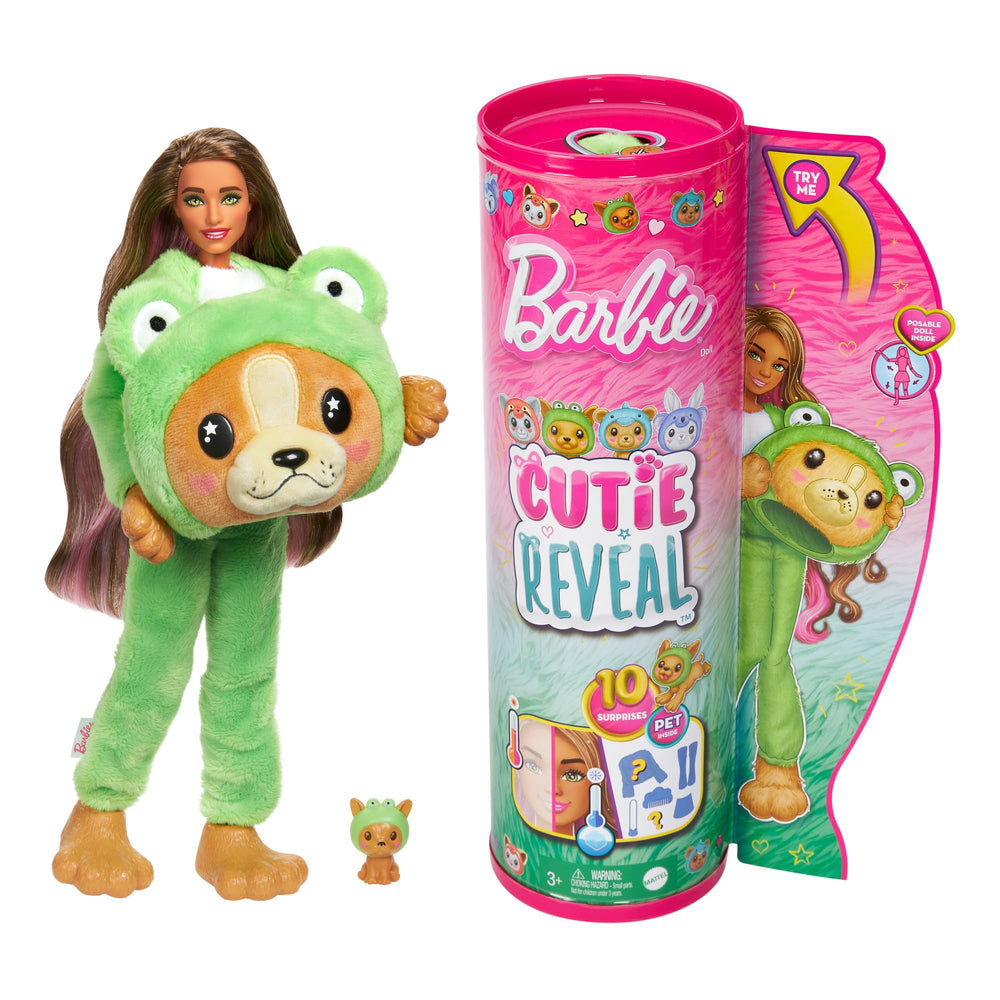 Barbie Cutie Reveal doll in animal costume with 10 surprises for imaginative unboxing.