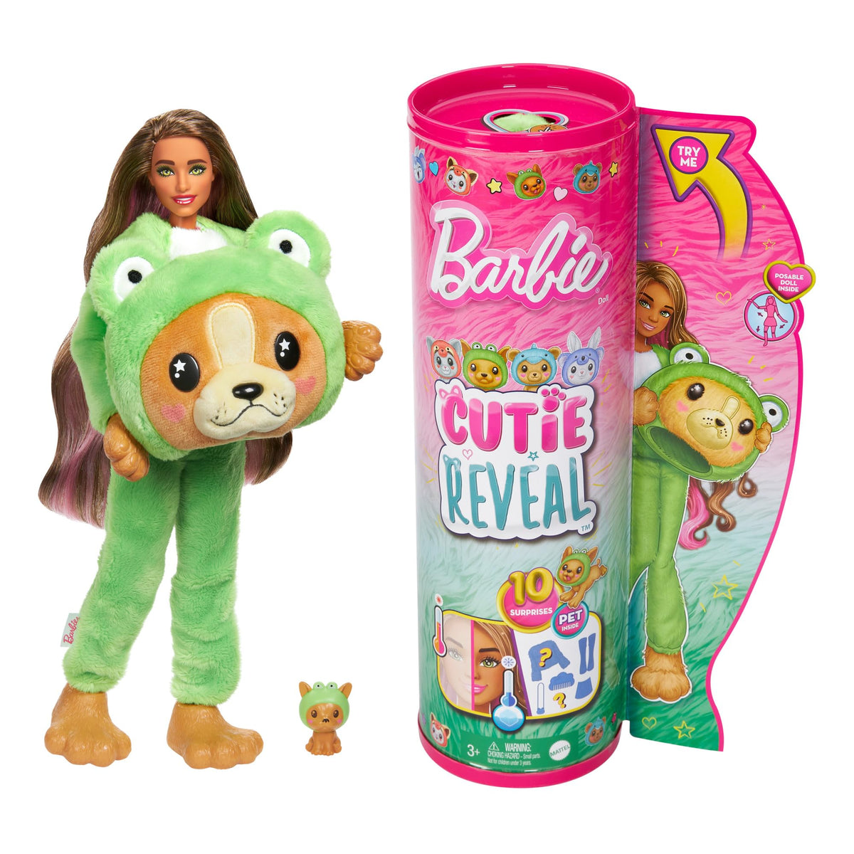 Barbie Cutie Reveal doll in animal costume with 10 surprises for imaginative unboxing.