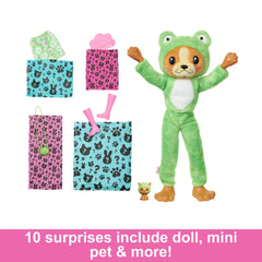 Barbie Cutie Reveal doll with long brown hair and pink highlights for stylish play.