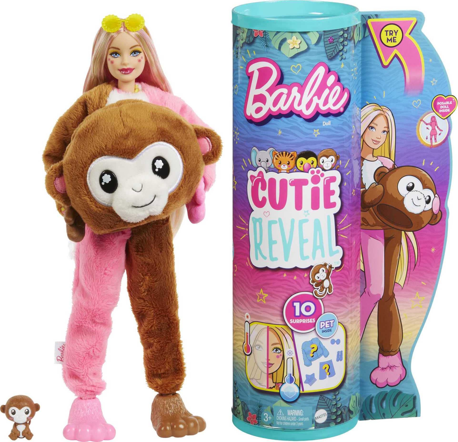 Barbie Cutie Reveal Jungle monkey plush costume showing playful unboxing and cuddly texture