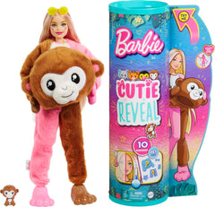 Barbie Cutie Reveal Jungle monkey plush costume showing playful unboxing and cuddly texture