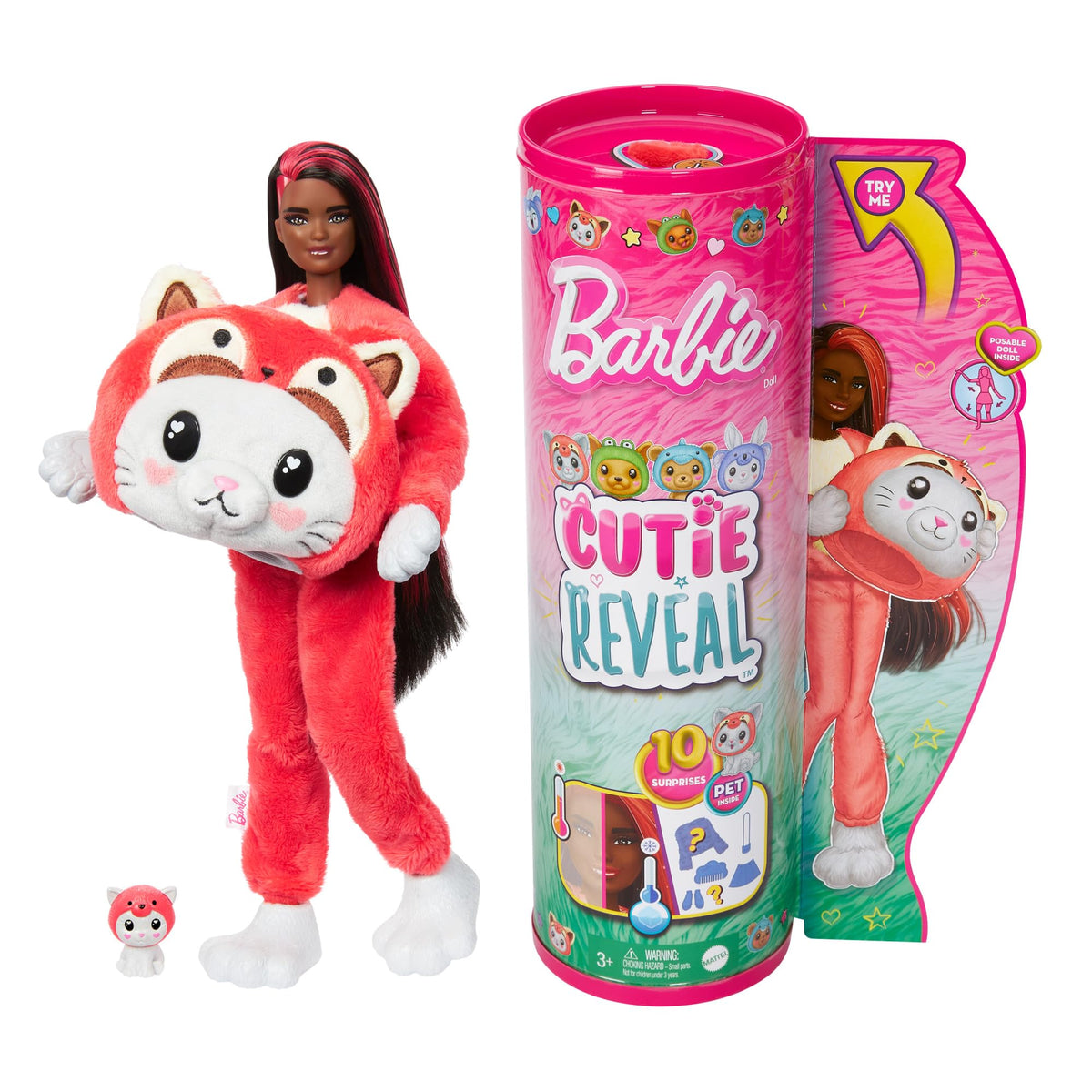Barbie Cutie Reveal kitten in red panda costume ready for playful unboxing and color-change fun.