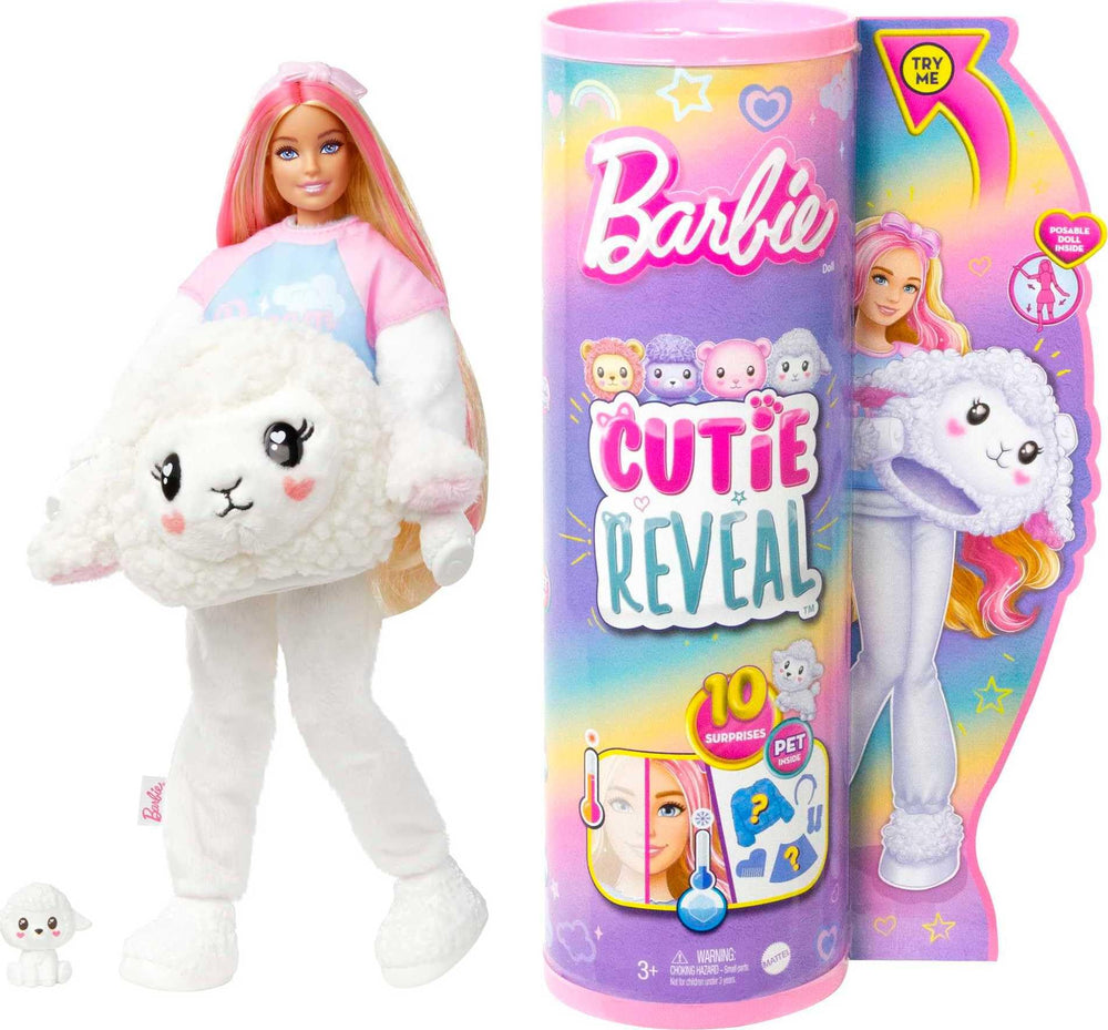 Barbie Cutie Reveal lamb-costume closeup with Dream tee for imaginative play.
