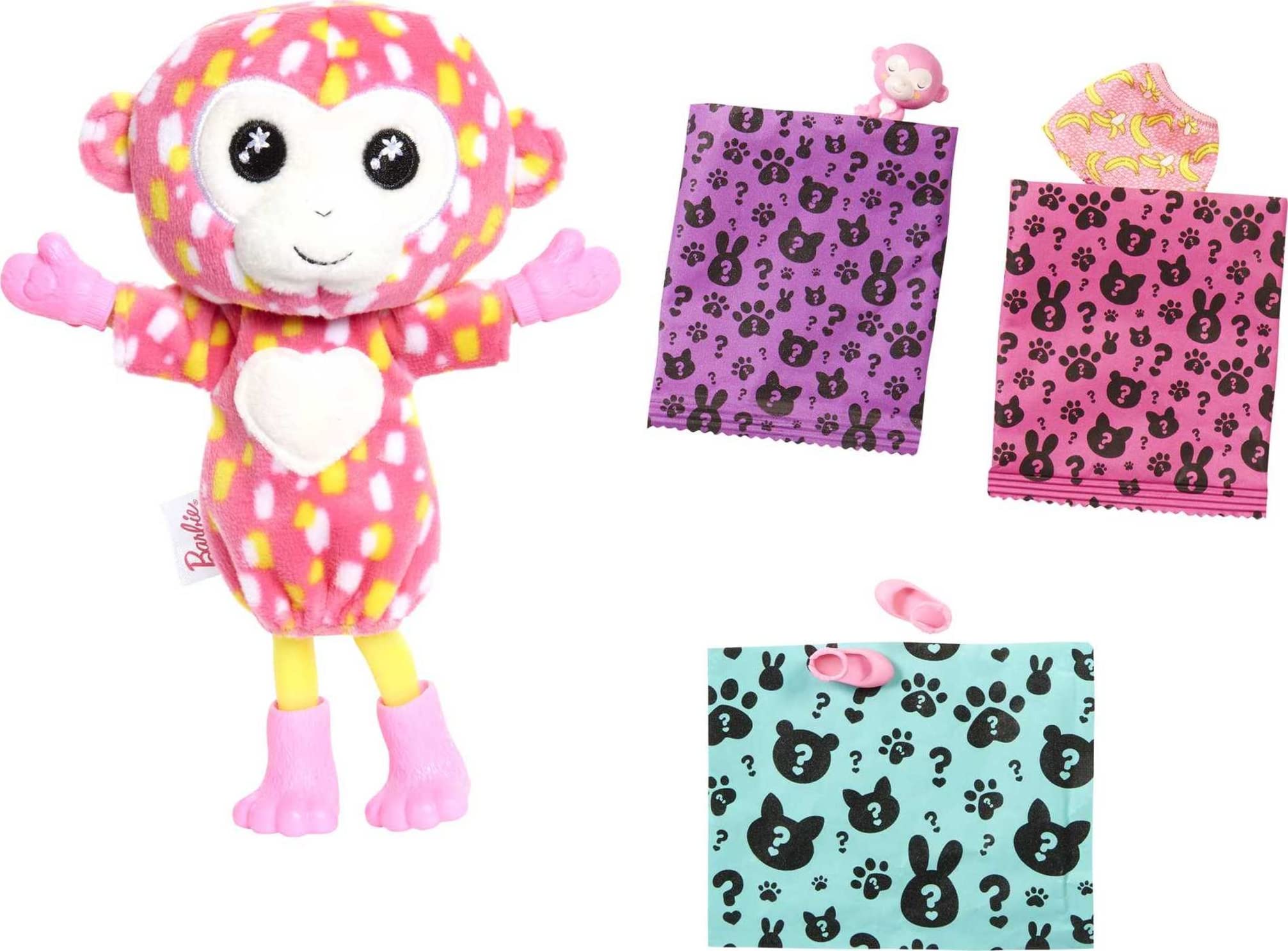 Barbie Cutie Reveal plush head becomes a cozy bed for the mini pet.