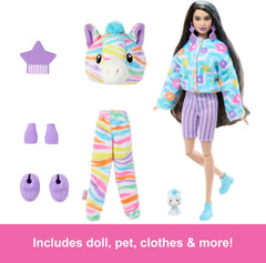 Reversible plush top reveals a soft fleece jacket for Barbie Cutie Reveal.