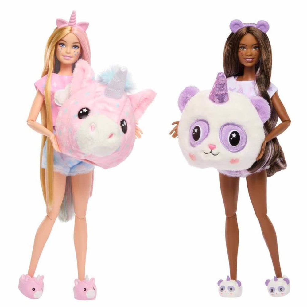 Barbie Cutie Reveal sleepover pajamas on dolls for cozy dressing and styling.