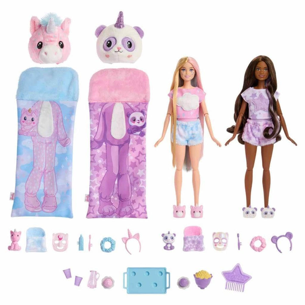 Barbie Cutie Reveal slumber party dolls emerge from sleeping bags for imaginative play.
