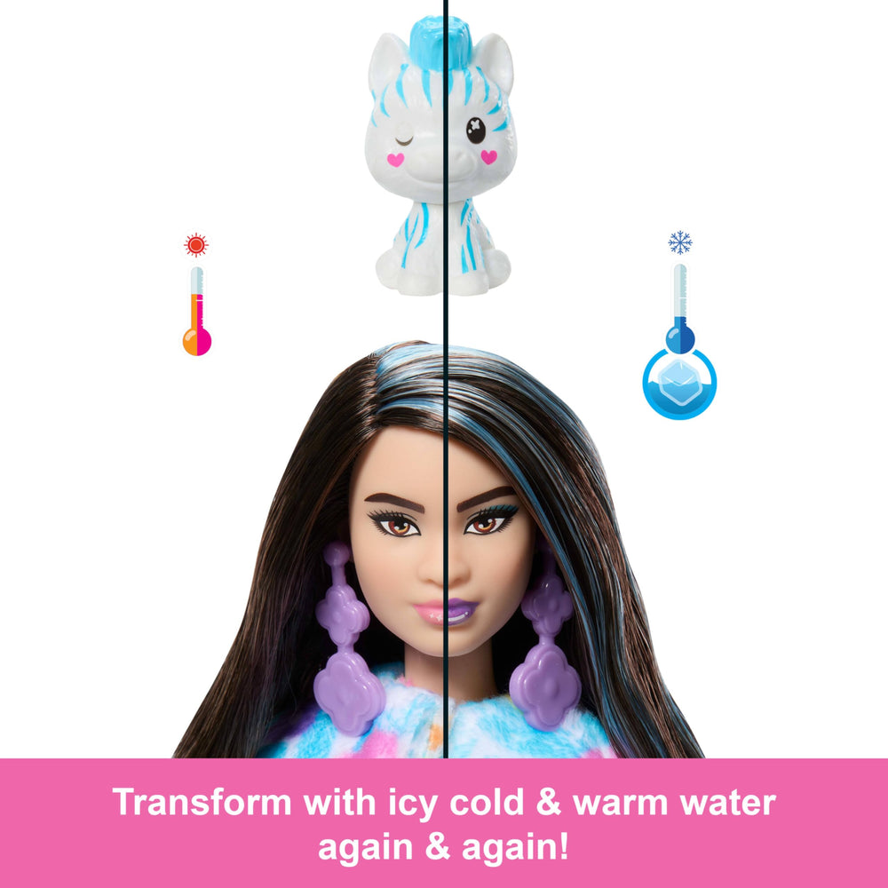 Mini pet, shoes, earrings, and comb accompany Barbie Cutie Reveal surprises.