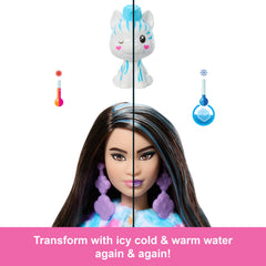 Mini pet, shoes, earrings, and comb accompany Barbie Cutie Reveal surprises.